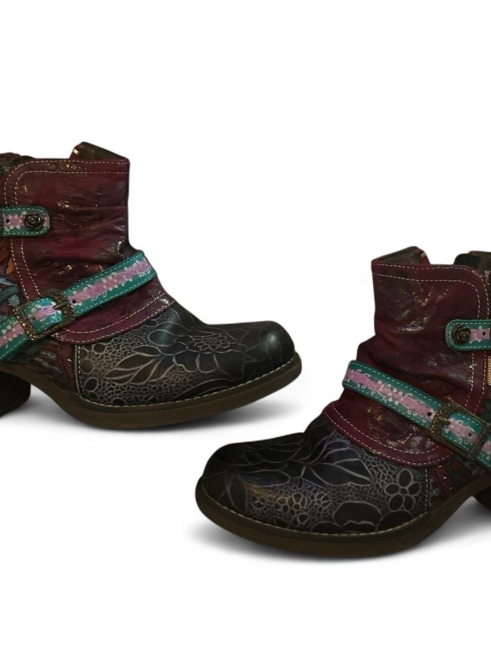 Women's Burgundy and Teal Floral Leather Ankle Booties